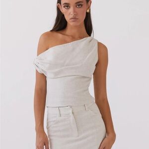 Peppermayo Exclusive - Marissa Linen One Shoulder Top - Oatmeal